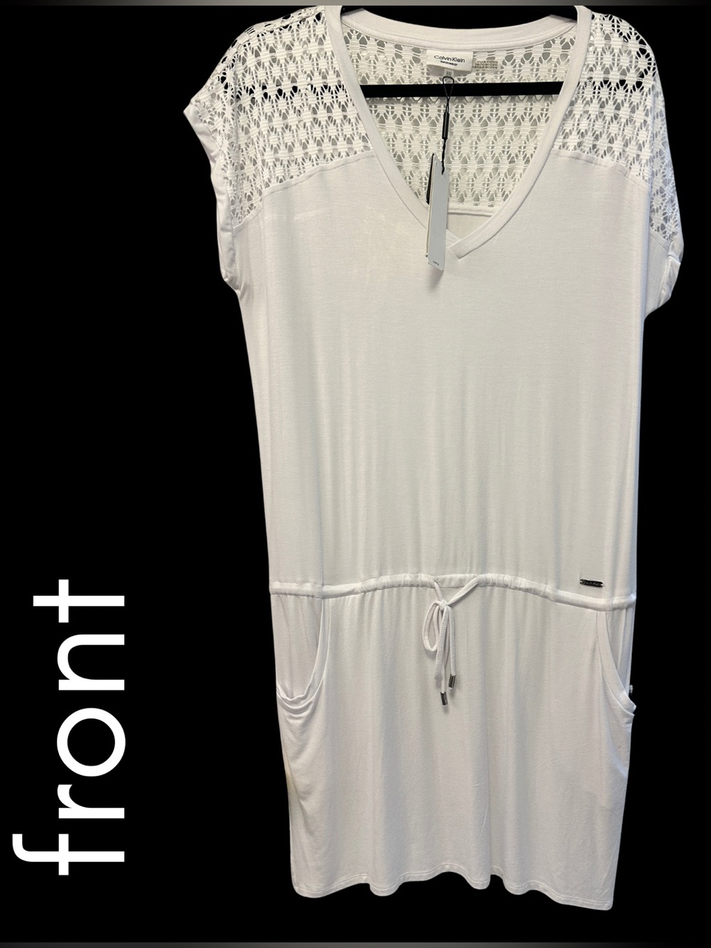 Calvin Klein White Crochet Swim Cover-Up with Drawcord